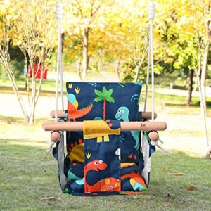 Nuewec Baby Canvas Swing Seat with Soft Cotton Cushions, Hanging Indoor Swing for Outdoor and Indoor for Toddler Boys and Girls, Carabiners and Straps, Mounting Hardware Included (Dinosaur Design)