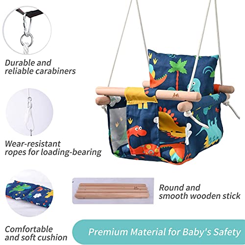 Nuewec Baby Canvas Swing Seat with Soft Cotton Cushions, Hanging Indoor Swing for Outdoor and Indoor for Toddler Boys and Girls, Carabiners and Straps, Mounting Hardware Included (Dinosaur Design)