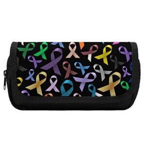 Cancer Awareness Color Ribbons Large Capacity Pencil Case Multi-Slot Pencil Bag Portable Pen Storage Pouch with Zipper