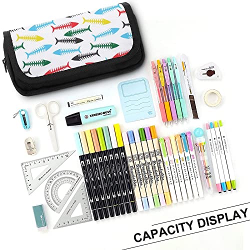 Color Fishbone Large Capacity Pencil Case Multi-Slot Pencil Bag Portable Pen Storage Pouch with Zipper