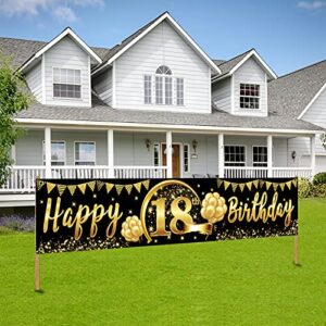 18th birthday banner decorations for men girls, black gold happy 18th birthday party supplies, 18 birthday party decor sign