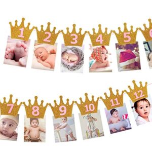 symphony birthday photo banner, 1st birthday baby photo banner newborn to 12 months birthday party decor (crown golden pink)