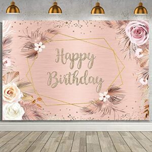 AIBIIN 7x5ft Rose Gold Boho Happy Birthday Backdrop Banner for Women, Pink Pampas Grass Boho Chic Pink Flowers Photo Background, Boho Party Decorations Backdrop Cake Table Banner Supplies Vinyl