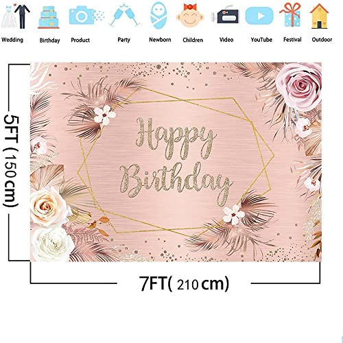 AIBIIN 7x5ft Rose Gold Boho Happy Birthday Backdrop Banner for Women, Pink Pampas Grass Boho Chic Pink Flowers Photo Background, Boho Party Decorations Backdrop Cake Table Banner Supplies Vinyl