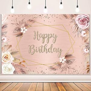 AIBIIN 7x5ft Rose Gold Boho Happy Birthday Backdrop Banner for Women, Pink Pampas Grass Boho Chic Pink Flowers Photo Background, Boho Party Decorations Backdrop Cake Table Banner Supplies Vinyl