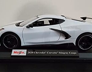 Maisto Diecast Cars 2020 Chevy Corvette Stingray C8 Coupe with High Wing White with Black Stripes 118 Diecast Model Car by 31455