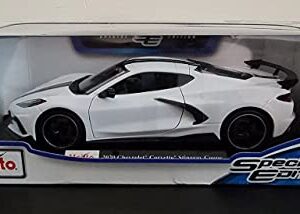 Maisto Diecast Cars 2020 Chevy Corvette Stingray C8 Coupe with High Wing White with Black Stripes 118 Diecast Model Car by 31455