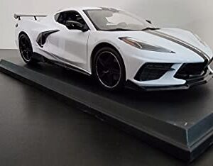 Maisto Diecast Cars 2020 Chevy Corvette Stingray C8 Coupe with High Wing White with Black Stripes 118 Diecast Model Car by 31455