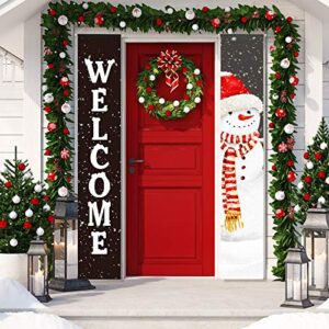 Christmas Door Banners Christmas Welcome Porch Sign Decorations Xmas Holiday Snowman Decor Banners for Indoor Outdoor Front Door Sign Garage Yard Wall Decorations