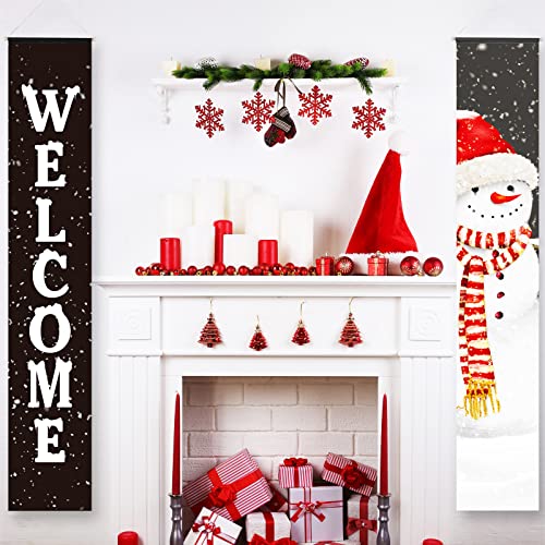 Christmas Door Banners Christmas Welcome Porch Sign Decorations Xmas Holiday Snowman Decor Banners for Indoor Outdoor Front Door Sign Garage Yard Wall Decorations