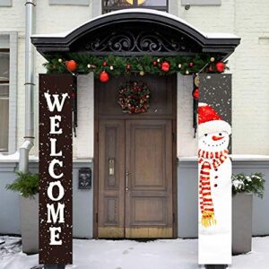 Christmas Door Banners Christmas Welcome Porch Sign Decorations Xmas Holiday Snowman Decor Banners for Indoor Outdoor Front Door Sign Garage Yard Wall Decorations