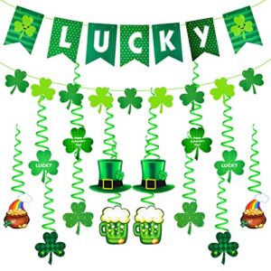 happy st patrick’s day decorations, st. patrick day banner hanging shamrock swirls clover garland green ‘lucky’ banner party favors decorations supplies for home school classroom