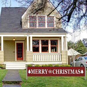 Huge Red Black Plaid Merry Christmas Banner Large Xmas Sign Decorations with Delicate Print for Xmas House Home Outdoor Party Decor, 9.8 x 1.6 Feet (Style Set 3)