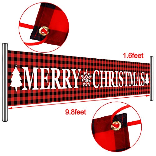 Huge Red Black Plaid Merry Christmas Banner Large Xmas Sign Decorations with Delicate Print for Xmas House Home Outdoor Party Decor, 9.8 x 1.6 Feet (Style Set 3)