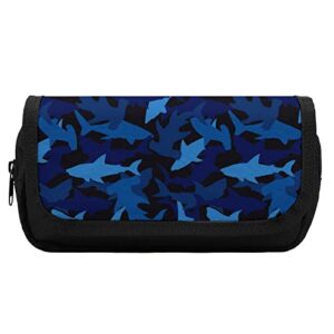 blue camo sharks large capacity pencil case multi-slot pencil bag portable pen storage pouch with zipper