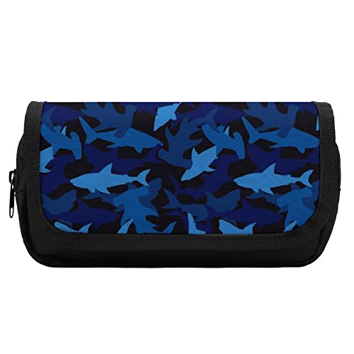 Blue Camo Sharks Large Capacity Pencil Case Multi-Slot Pencil Bag Portable Pen Storage Pouch with Zipper