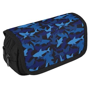 Blue Camo Sharks Large Capacity Pencil Case Multi-Slot Pencil Bag Portable Pen Storage Pouch with Zipper