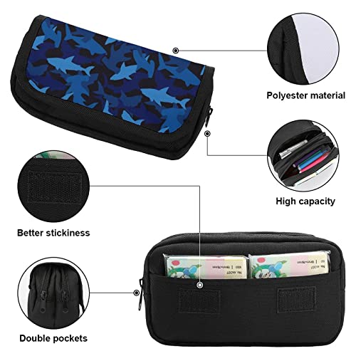 Blue Camo Sharks Large Capacity Pencil Case Multi-Slot Pencil Bag Portable Pen Storage Pouch with Zipper