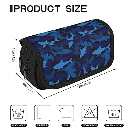 Blue Camo Sharks Large Capacity Pencil Case Multi-Slot Pencil Bag Portable Pen Storage Pouch with Zipper