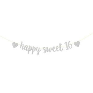 dill-dall silver glitter happy sweet 16 banner, cheer to16 years sweet sixteen decoration 16th birthday party decorations