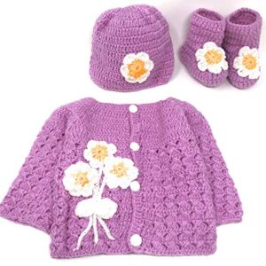 Hand Made 3 Piece Knitted Purple Baby Toddler Girl Button up Warm Crochet Set- Newborn Toddler Wool Sweater Set Includes Booties & hat 0-6 Months