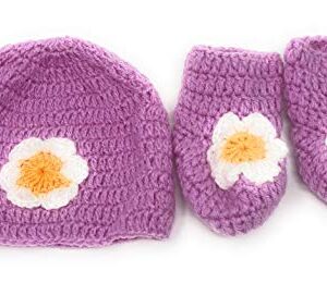 Hand Made 3 Piece Knitted Purple Baby Toddler Girl Button up Warm Crochet Set- Newborn Toddler Wool Sweater Set Includes Booties & hat 0-6 Months