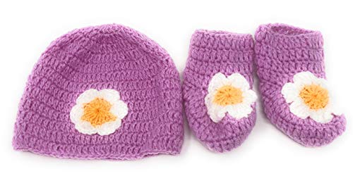 Hand Made 3 Piece Knitted Purple Baby Toddler Girl Button up Warm Crochet Set- Newborn Toddler Wool Sweater Set Includes Booties & hat 0-6 Months