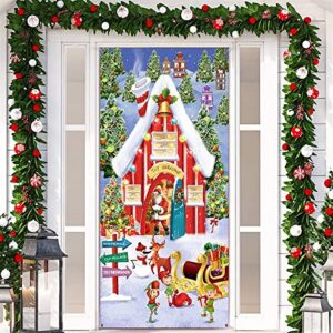 christmas door decoration fabric santa banner snowy winter house backdrop north pole wall scene cover christmas photo booth wall sign for xmas winter holiday wall door decoration (70.9 x 35.4 inch)