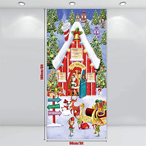 Christmas Door Decoration Fabric Santa Banner Snowy Winter House Backdrop North Pole Wall Scene Cover Christmas Photo Booth Wall Sign for Xmas Winter Holiday Wall Door Decoration (70.9 x 35.4 Inch)