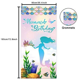 Mermaid Happy Birthday Banner Backdrop Background Castle Tropical Fish Scales Under The Sea Theme Decorations Decor for Girls Princess Daughter 1st Birthday Party Baby Shower Flag Supplies Favors