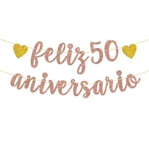 feliz 50 aniverasrio banner, rose gold glitter happy 50th anniversary sign, 50th birthday wedding / aniverasrio / cheers to 50 years party decorations supplies