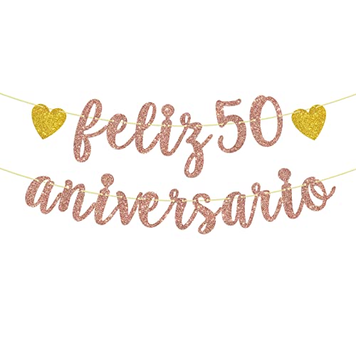 Feliz 50 Aniverasrio Banner, Rose Gold Glitter Happy 50th Anniversary Sign, 50th Birthday Wedding / Aniverasrio / Cheers to 50 Years Party Decorations Supplies