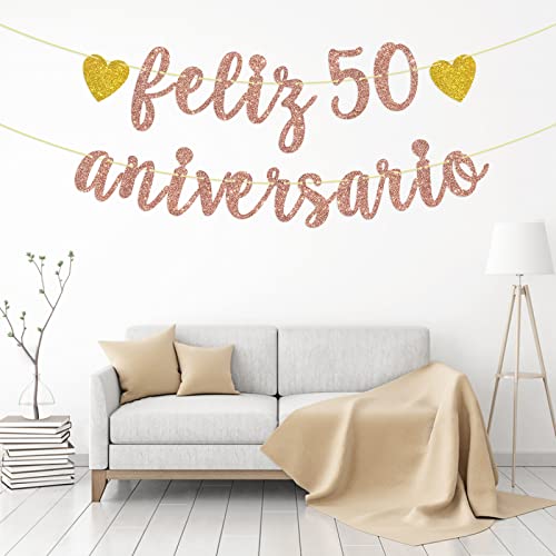 Feliz 50 Aniverasrio Banner, Rose Gold Glitter Happy 50th Anniversary Sign, 50th Birthday Wedding / Aniverasrio / Cheers to 50 Years Party Decorations Supplies