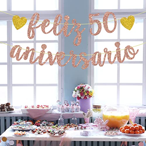 Feliz 50 Aniverasrio Banner, Rose Gold Glitter Happy 50th Anniversary Sign, 50th Birthday Wedding / Aniverasrio / Cheers to 50 Years Party Decorations Supplies