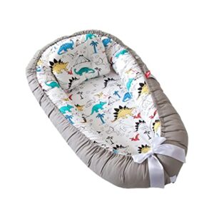 vohunt baby lounger for newborn,100% cotton co-sleeper for baby in bed with handles,soft newborn lounger adjustable size & strong zipper lengthen space to 3 tears old(gray border dinosaur)