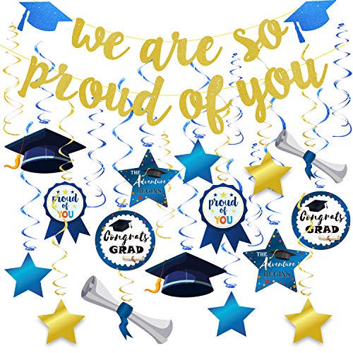 Graduation Decorations,Navy Blue and Gold Hanging Swirls,Gold Glitter We Are So Proud of You No DIY Required Banner Garland for Grad Party Decoration Supplies 2022