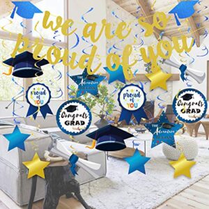 Graduation Decorations,Navy Blue and Gold Hanging Swirls,Gold Glitter We Are So Proud of You No DIY Required Banner Garland for Grad Party Decoration Supplies 2022