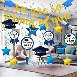 Graduation Decorations,Navy Blue and Gold Hanging Swirls,Gold Glitter We Are So Proud of You No DIY Required Banner Garland for Grad Party Decoration Supplies 2022