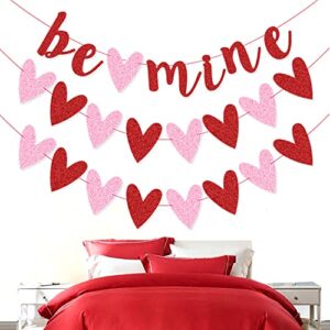 Valentine's Day Bunting Banners Red Glittery Be Mine Banner and Red Pink Glittery Heart Garland Banner No DIY Wedding Engagment Anniversary Bachelorette Party Home Decorations