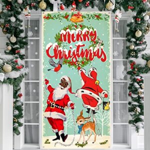 Vintage Christmas Decorations Merry Christmas Door Cover Black Santa Claus Backdrop African American Santa Retro Christmas Backdrop Banner for Xmas Winter Holiday Wall Door Decorations