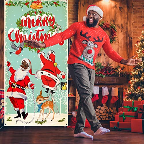 Vintage Christmas Decorations Merry Christmas Door Cover Black Santa Claus Backdrop African American Santa Retro Christmas Backdrop Banner for Xmas Winter Holiday Wall Door Decorations