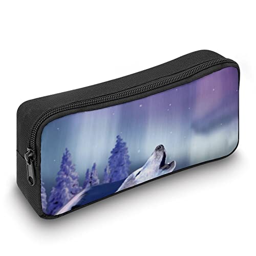 Arctic Aurora Wolf Teen Adult Pencil Case Large Capacity Pen Pencil Bag Durable Storage Pouch