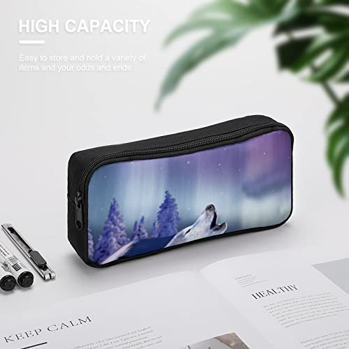 Arctic Aurora Wolf Teen Adult Pencil Case Large Capacity Pen Pencil Bag Durable Storage Pouch