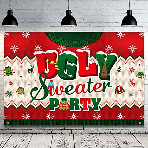 Ugly Christmas Sweater Party Decorations-Ugly Sweater Party Backdrop Supplies,5x3ft Vinyl Christmas Ugly Sweater Photo Prop Background Banner for 2022 Winter Christmas Holiday Supplies