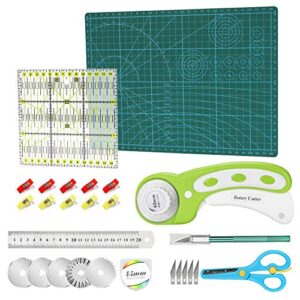 rotary cutter kit，rotary cutter tool kit with with 5 extra blades, cutting mat, patchwork ruler, carving knife, storage bag for sewing and quilting