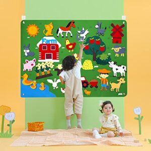 Tucimibo Farm Animals Felt Story Board Set 34Pcs, Flannel Storytelling Farmhouse Themed Activity Playmat Kit Wall Hanging Gift for Toddlers Kids Early Learning Educational Game Rug 3.5 * 2.5Ft