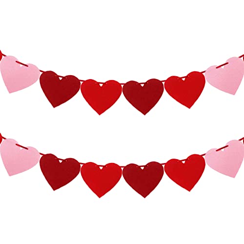 XIANMU 2 Pack Felt Heart Garland Banner Valentines Day Decorations Pre-Strung Felt Heart Buntings for Anniversary Wedding Engagement Birthday Baby Shower Party Decoration 3 Colors