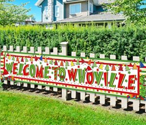 large whoville christmas decorations banner welcome to whoville yard sign hanging banner outdoor christmas decorations grinch backdrop home decor indoor christmas eve vacation holiday party supplies