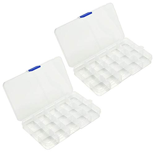 2 Pieces 15 Grids Jewelry Organizer Plastic Jewelry Organizer Box Clear Jewelry Organizer Box Plastic Bead Organizers with Adjustable Dividers for Herbs Pills Bead Jewelry Findings and Other Small Ite