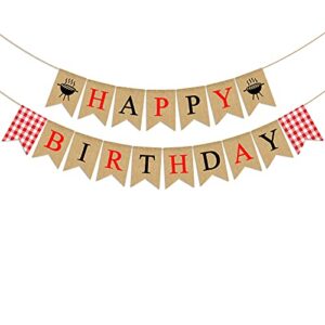 pudodo jute burlap happy birthday banner with grill bbq theme barbecue party decoration